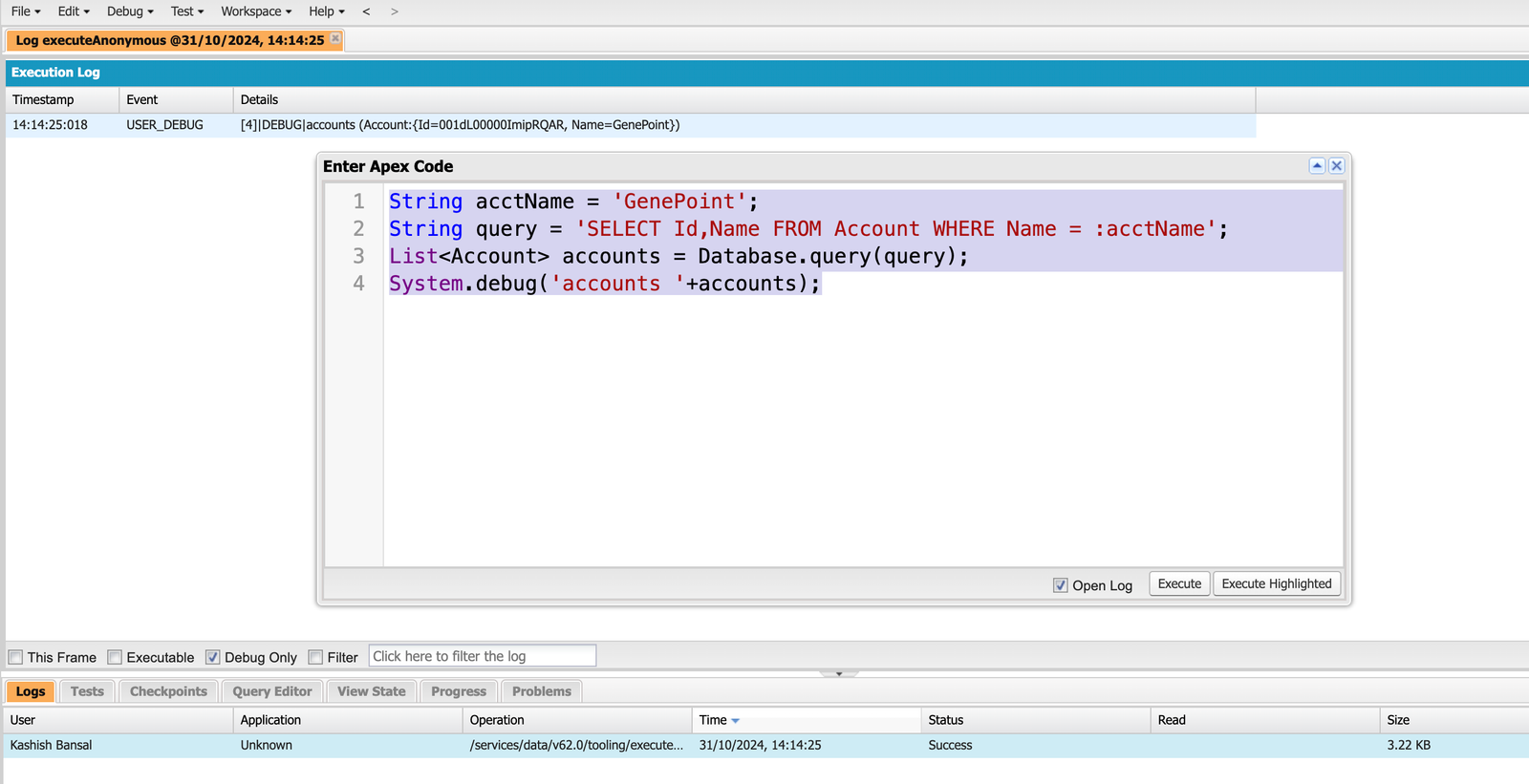 database.query bind variable